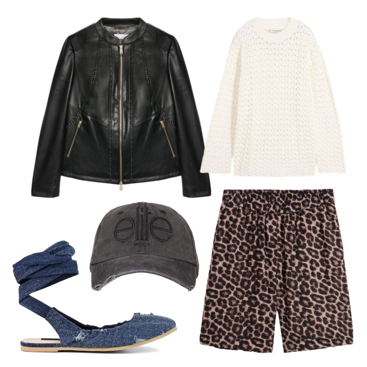 Outfit donna - Animalier trendy. Stile Trendy per Scuola/Università. Abbinamento con maglieria, shorts, blazer, cappelli, ballerine.
