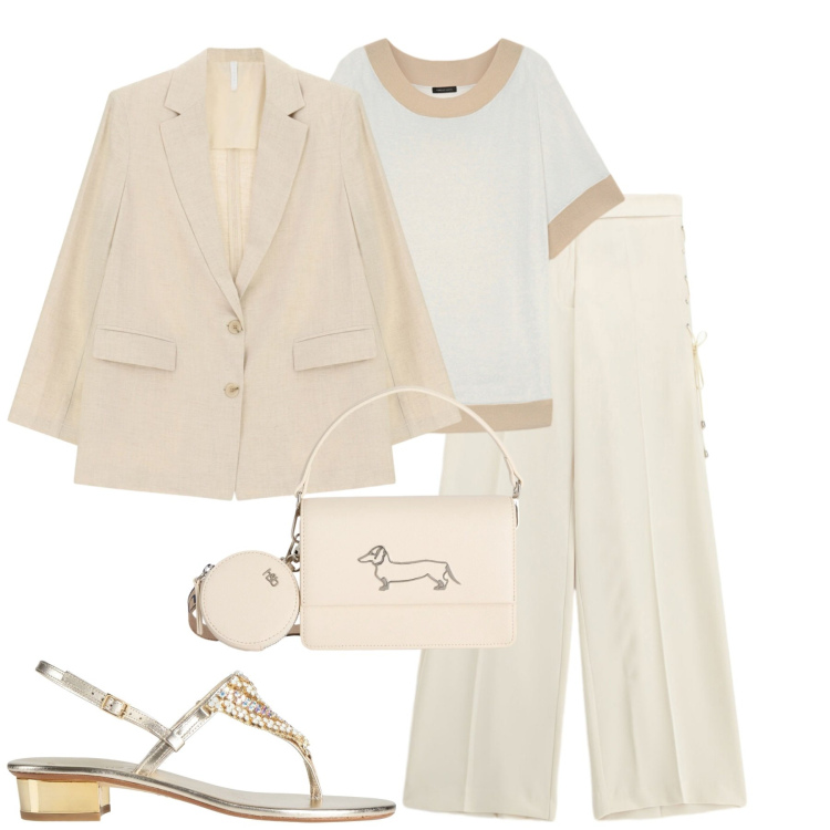 Outfit donna - Total look #2401982. Stile Urban per Tutti i giorni. Abbinamento con infradito, pantaloni, blazer, borse a tracolla, t-shirt.
