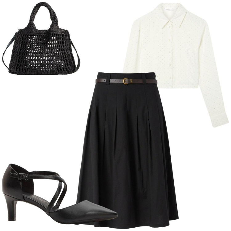Outfit donna - Black & White. Stile Bon Ton per Ufficio. Abbinamento con borse a tracolla, décolleté, gonne longuette, camicie.
