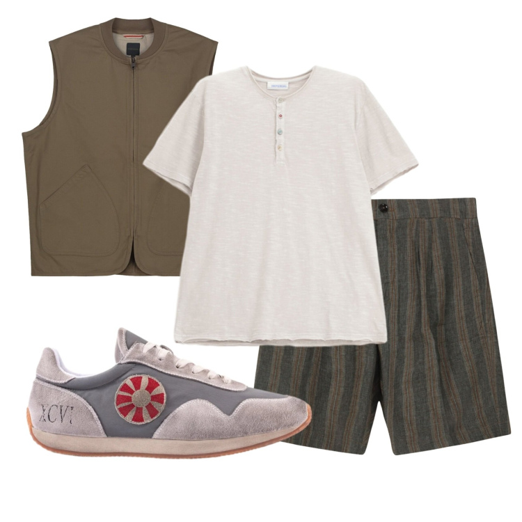Outfit uomo - Total look #2401998. Stile Trendy per Tutti i giorni. Abbinamento con t-shirt, sneakers, gilet, bermuda.
