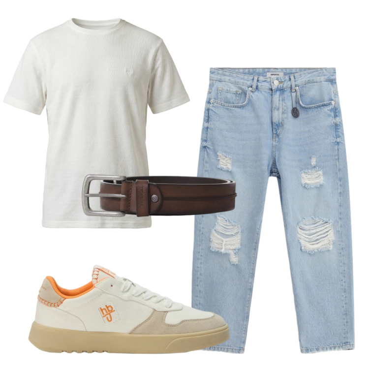 Outfit uomo - Total look #2402000. Stile Casual per Tutti i giorni. Abbinamento con jeans strappati, cinture, sneakers, t-shirt.