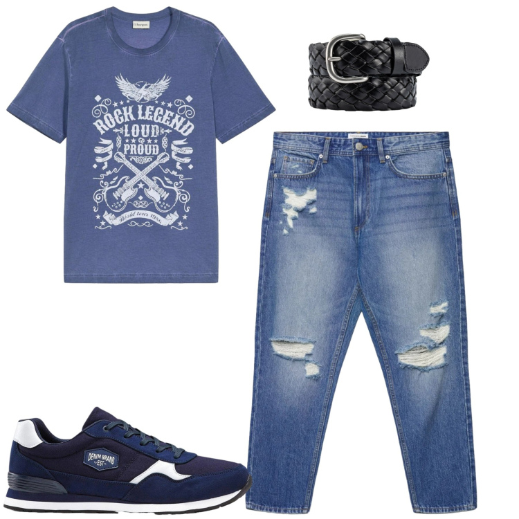 Outfit uomo - City. Stile Casual per Tutti i giorni. Abbinamento con sneakers, t-shirt, jeans strappati, cinture.