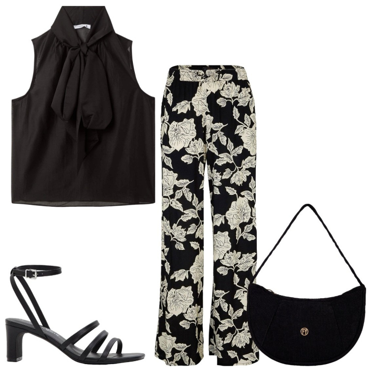 Outfit donna - Serate. Stile Chic per Serata fuori. Abbinamento con pantaloni a palazzo, sandali col tacco, canottiere, borse a mano.