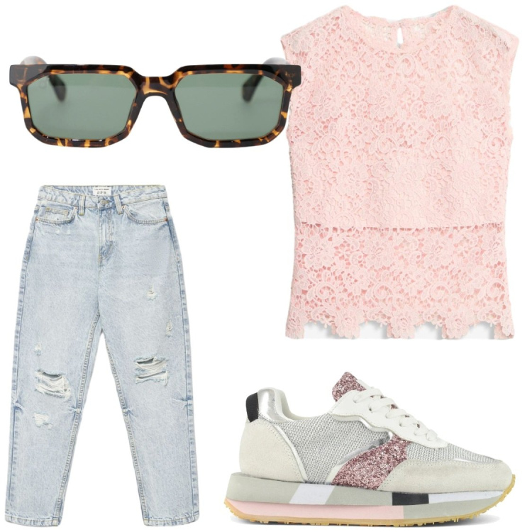 Outfit donna - Raso e jeans. Stile Chic per Tutti i giorni. Abbinamento con canottiere, jeans mom, occhiali da sole, sneakers.