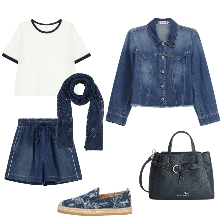 Outfit donna - Denim chic. Abbinamento con espadrillas, sciarpe, t-shirt, borse a mano, shorts, blazer.