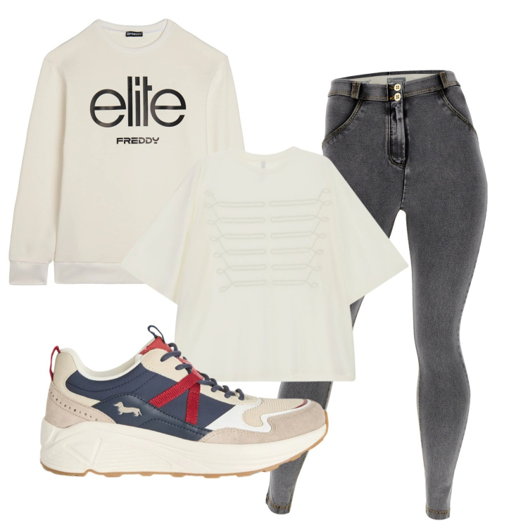 Outfit donna - Total look #2402018. Stile Sporty chic per Tutti i giorni. Abbinamento con sneakers, t-shirt, jeggings, felpe.