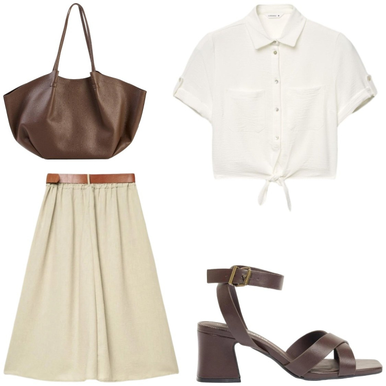 Outfit donna - Ufficio. Stile Chic per Ufficio. Abbinamento con shopping bag, sandali col tacco, camicie a manica corta, gonne lunghe.