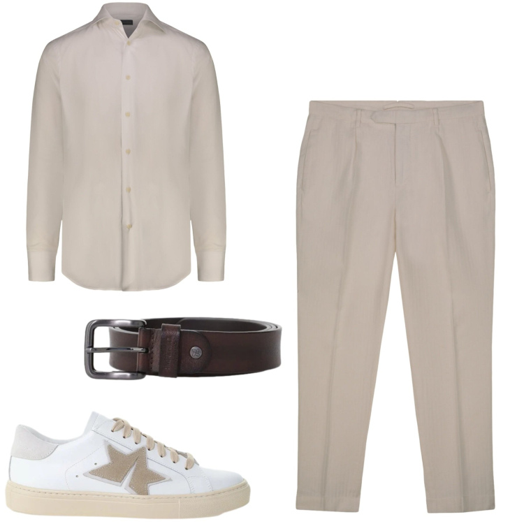 Outfit uomo - White cream. Stile Urban per Tutti i giorni. Abbinamento con cinture, sneakers, pantaloni, camicie.