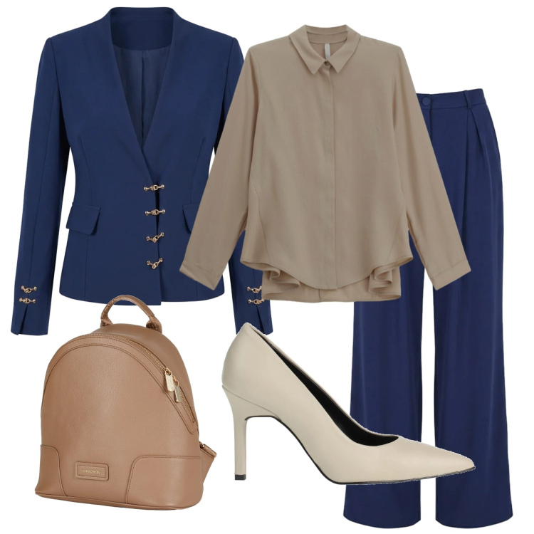 Outfit donna - Total look #2402029. Stile Chic per Ufficio. Abbinamento con décolleté, zaini, blazer, pantaloni a palazzo, camicie.