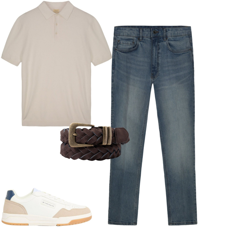 Outfit uomo - City. Stile Casual per Tutti i giorni. Abbinamento con sneakers, polo, jeans, cinture.