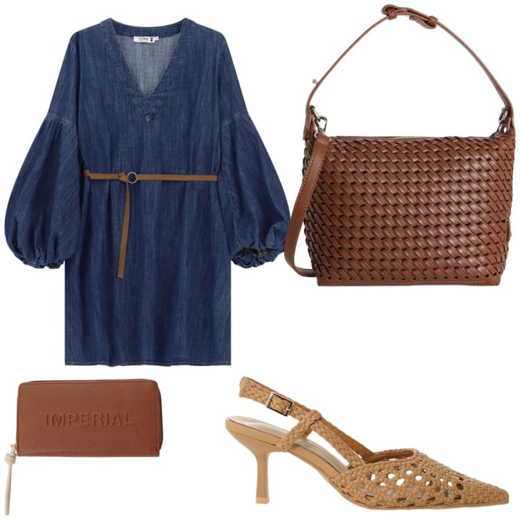 Outfit donna - Vestito in jeans. Stile Chic per Serata fuori. Abbinamento con décolleté, portafogli, borse a spalla, vestiti corti.