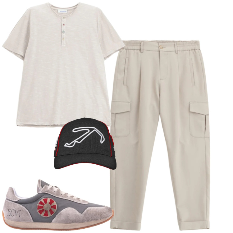 Outfit uomo - Maggio. Stile Casual per Tutti i giorni. Abbinamento con cappelli con visiera, pantaloni cargo, t-shirt, sneakers.