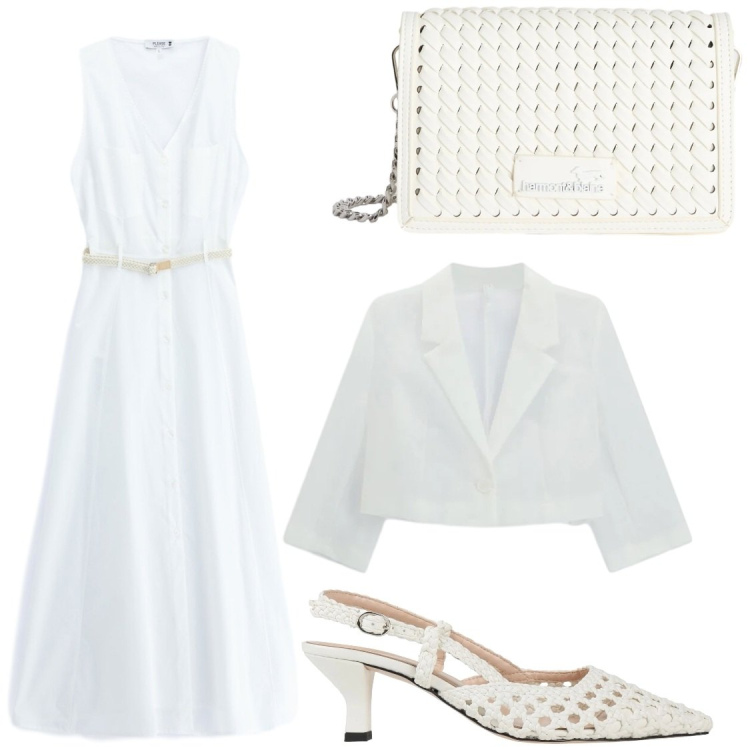 Outfit donna - Total white. Stile Chic per Serata fuori. Abbinamento con décolleté, borse a tracolla, vestiti lunghi, blazer.