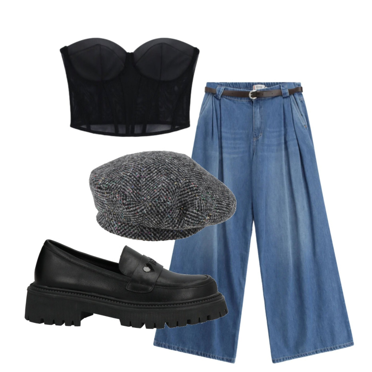 Outfit donna - Total look #2402055. Stile Trendy per Serata fuori. Abbinamento con cappelli e berretti, mocassini, jeans, top.