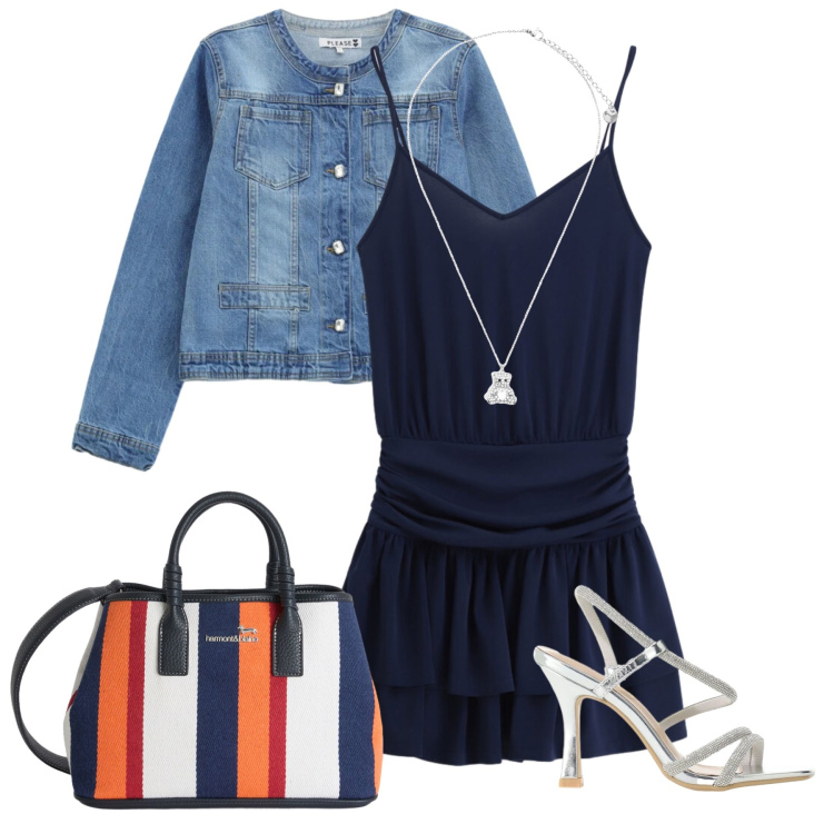 Outfit donna - Aperitivo con amiche. Stile Glamour per Serata fuori. Abbinamento con shopping bag, vestiti corti, blazer, sandali col tacco, ciondoli.