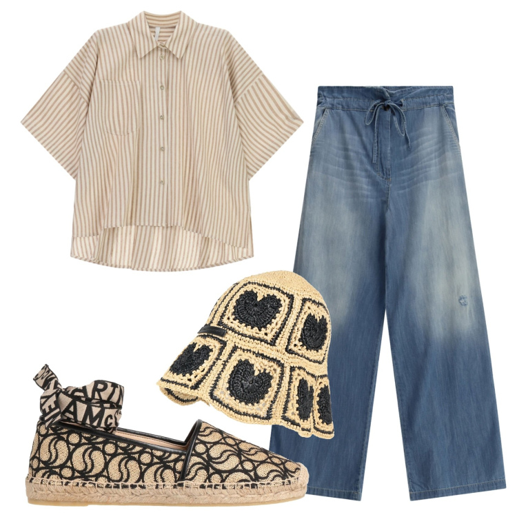 Outfit donna - Total look #2402061. Stile Basic per Tutti i giorni. Abbinamento con cappelli, espadrillas, jeans, camicie a manica corta.