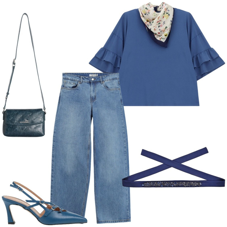 Outfit donna - Tacco e jeans. Stile Chic per Ufficio. Abbinamento con décolleté, cinture, borse a tracolla, top, jeans.