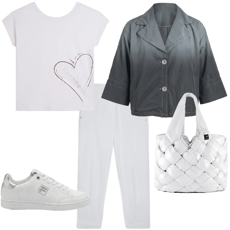 Outfit donna - Maggio piovoso. Stile Casual chic per Tutti i giorni. Abbinamento con sneakers, t-shirt, pantaloni, borse tote, cappotti.