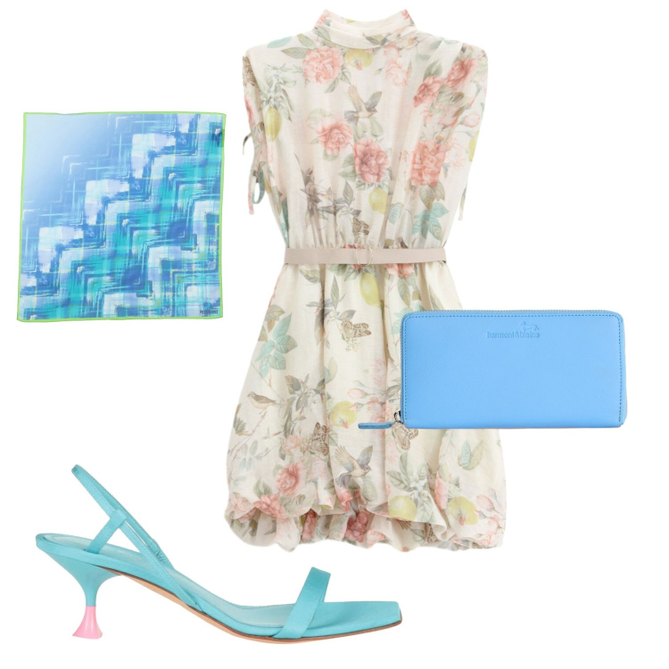 Outfit donna - Total look #2402067. Stile Romantica per Cerimonia. Abbinamento con sandali in pelle, sciarpe, portafogli, vestiti corti.