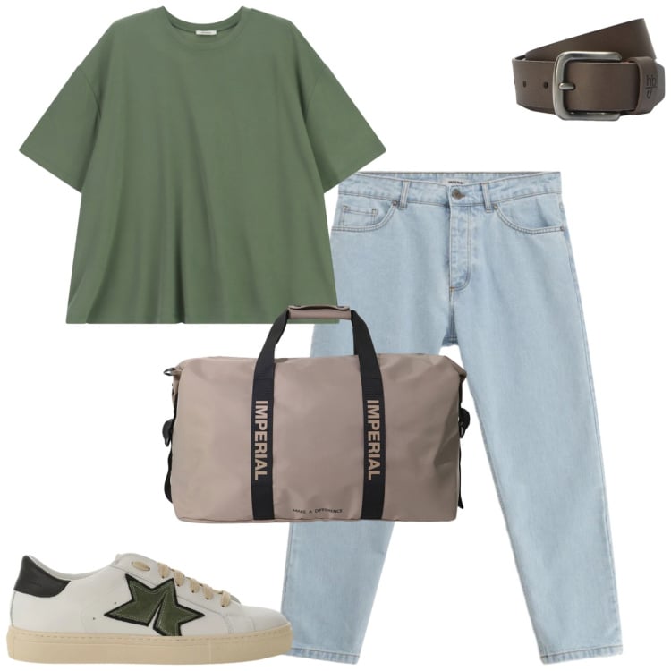 Outfit uomo - Maggio. Stile Casual per Tutti i giorni. Abbinamento con jeans, sneakers, borse sportive, t-shirt, cinture.