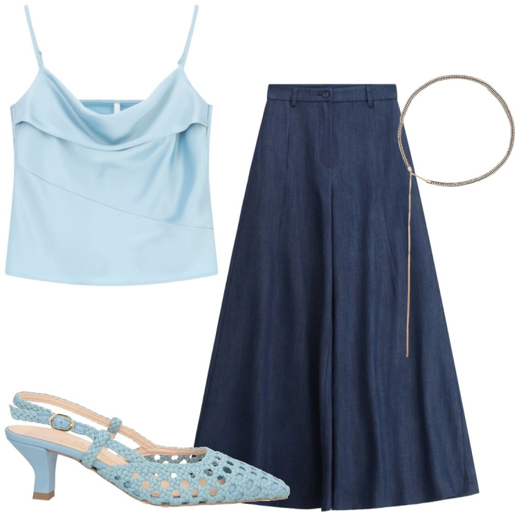 Outfit donna - Blu e celeste. Stile Chic per Serata fuori. Abbinamento con décolleté, cinture, pantaloni a palazzo, canottiere.