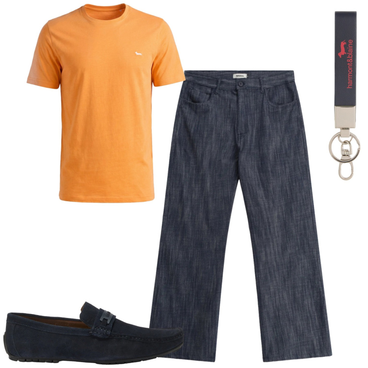 Outfit uomo - City. Stile Urban per Tutti i giorni. Abbinamento con jeans, portachiavi, t-shirt, scarpe stringate.