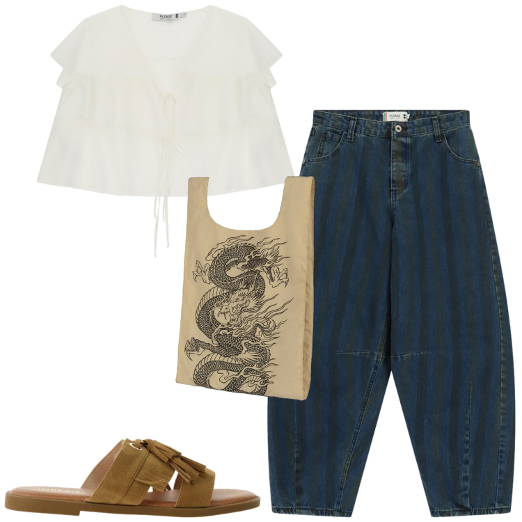 Outfit donna - Total look #2402080. Stile Casual per Tutti i giorni. Abbinamento con sandali, jeans, top, shopping bag.