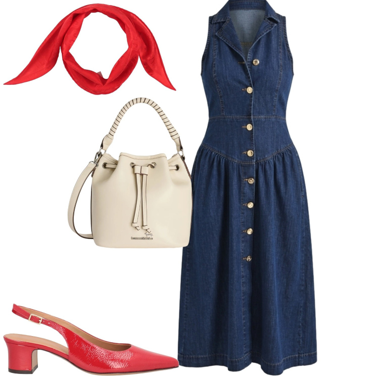 Outfit donna - City. Stile Casual chic per Tutti i giorni. Abbinamento con sciarpe, décolleté, borse a secchiello, vestiti chemisier.