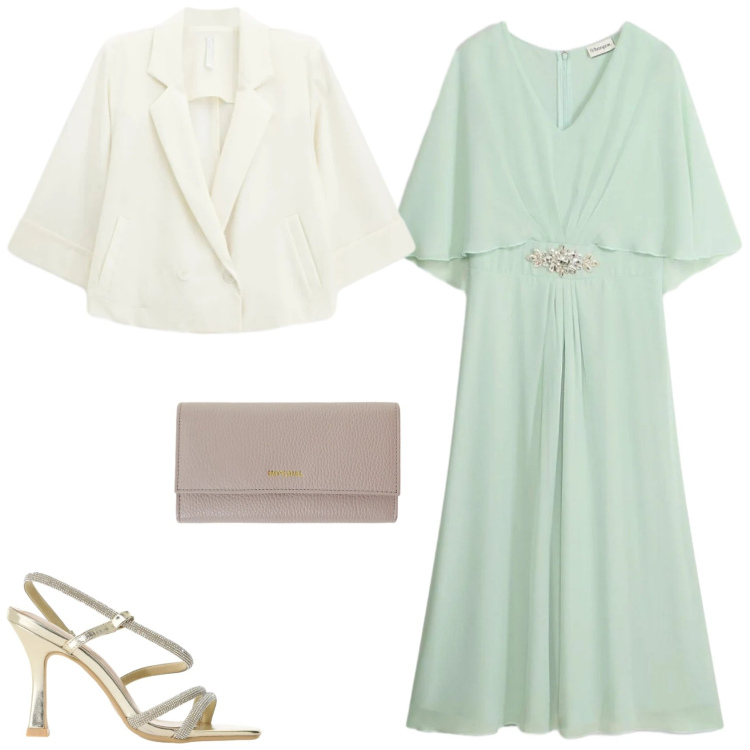 Outfit donna - L\'abito in chiffon. Stile Glamour per Cerimonia. Abbinamento con vestiti lunghi, blazer, portafogli, sandali col tacco.