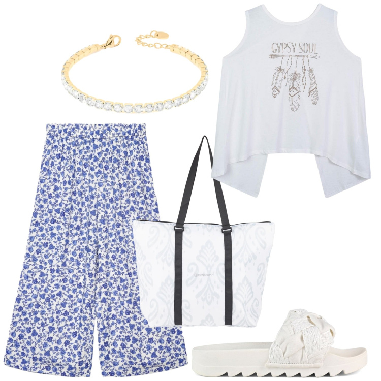 Outfit donna - Total look #2402109. Stile Minimal per Mare. Abbinamento con pantaloni a palazzo, canottiere, shopping bag, braccialetti, ciabatte.
