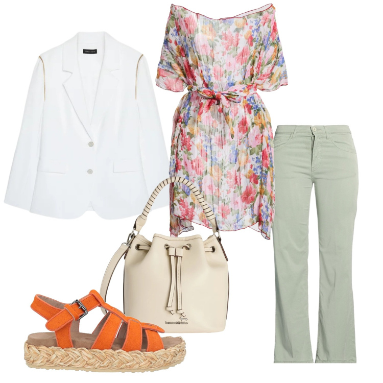 Outfit donna - Total look #2402110. Stile Romantica per Tutti i giorni. Abbinamento con espadrillas, top, pantaloni, borse a secchiello, blazer.