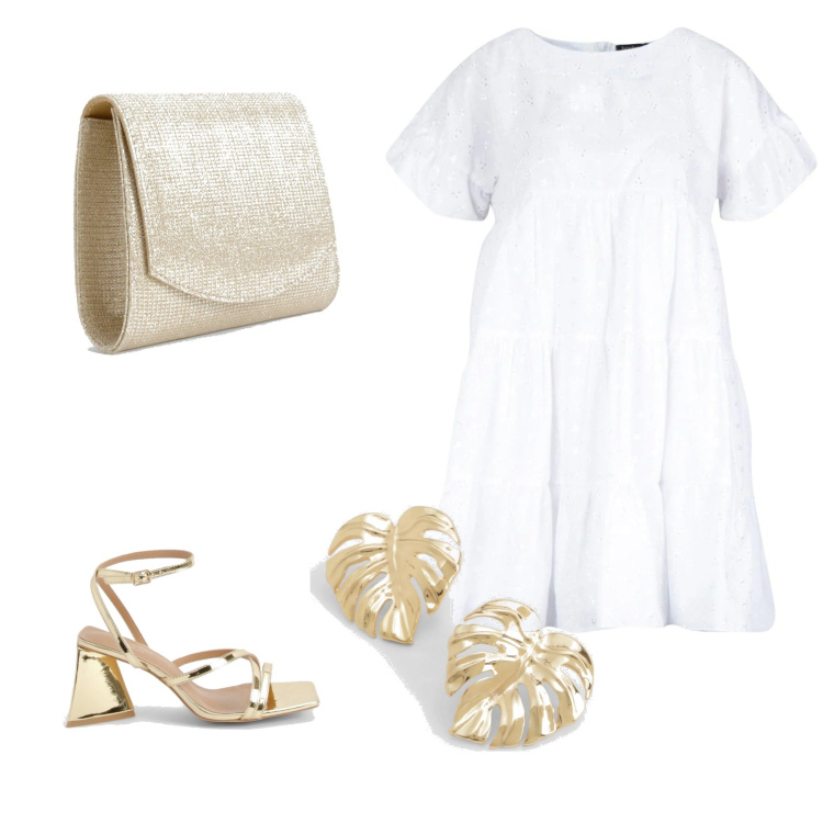 Outfit femme - Blanc et or. Style Bon Ton pour Cérémonie. Assortir avec combinaisons, boucles d'oreilles, pochette, sandales à talon.