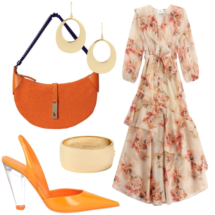 Outfit donna - Oro e orange. Stile Glamour per Cerimonia. Abbinamento con décolleté, vestiti lunghi, borse a spalla, braccialetti, orecchini.