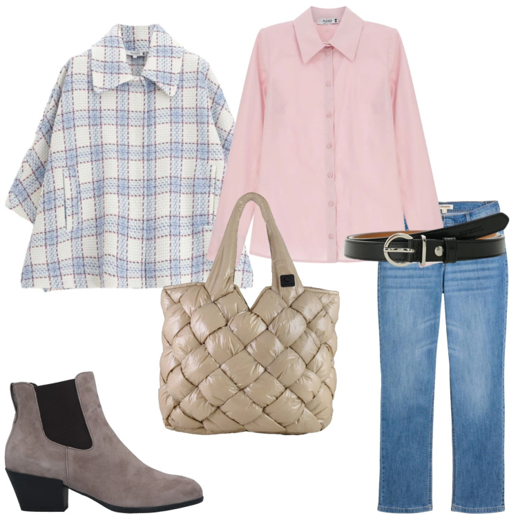 Outfit donna - Un outfit per l\'università. Stile Urban per Scuola/Università. Abbinamento con stivaletti chelsea, jeans dritti, cinture, cappotti, camicie, borse tote.