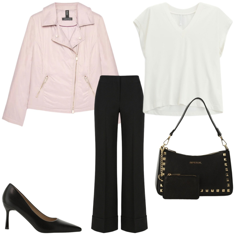 Outfit donna - Outfit per una serata fuori. Stile Casual chic per Serata fuori. Abbinamento con top, décolleté, borse a spalla, pantaloni, piumini.