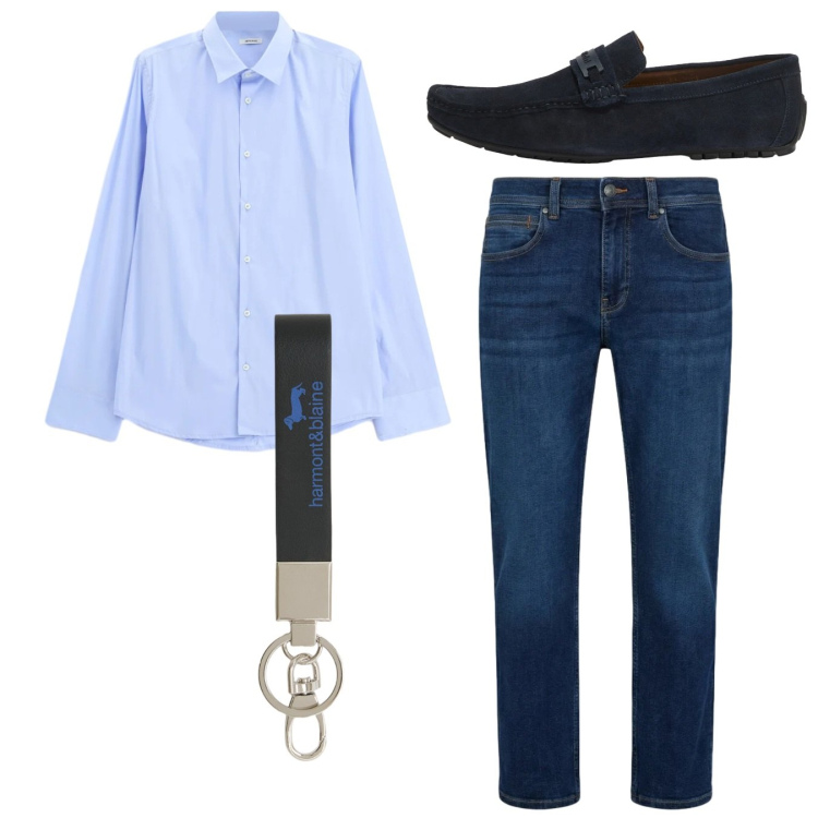 Outfit uomo - Total look. Stile Casual per Tutti i giorni. Abbinamento con camicie, scarpe stringate, jeans dritti, portachiavi.