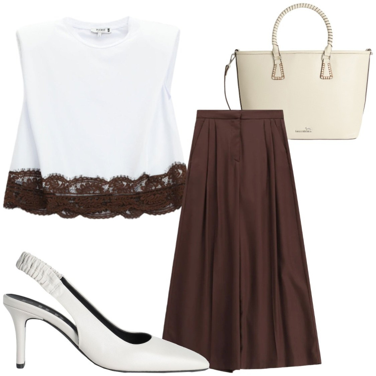 Outfit donna - Cerimonia. Stile Chic per Cerimonia. Abbinamento con décolleté, shopping bag, pantaloni a palazzo, top.