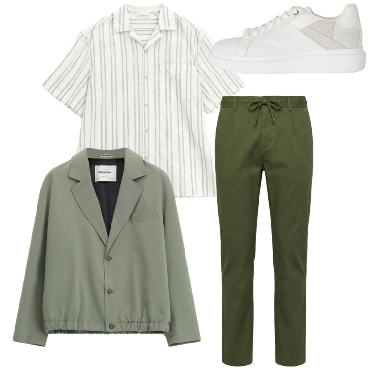 Outfit uomo - Total look. Stile Casual per Tutti i giorni. Abbinamento con camicie a manica corta, giacche, sneakers, pantaloni.