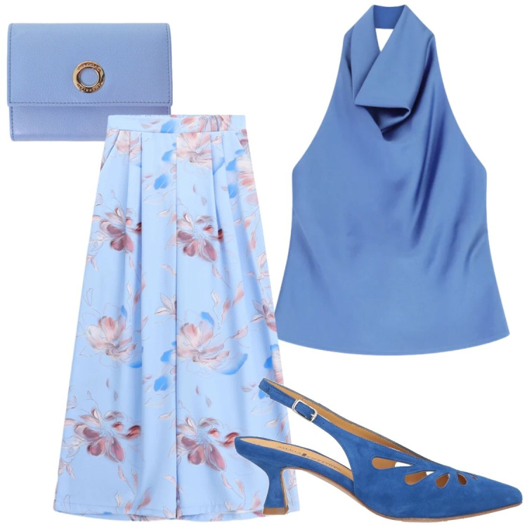 Outfit donna - Celestiale. Stile Chic per Cerimonia. Abbinamento con décolleté, pantaloni a palazzo, top, portafogli.