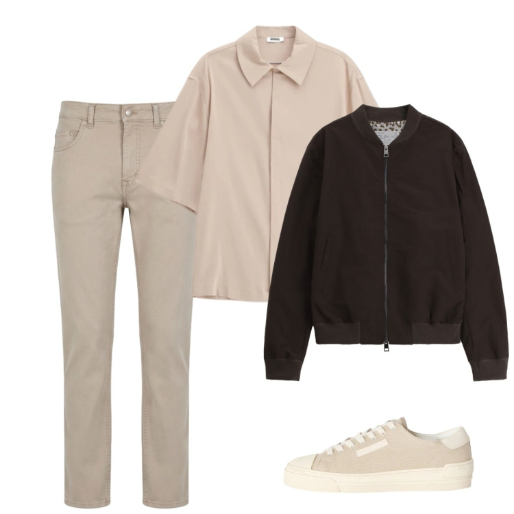 Outfit uomo - Maggio. Stile Casual per Tutti i giorni. Abbinamento con bomber, camicie a manica corta, sneakers, pantaloni.