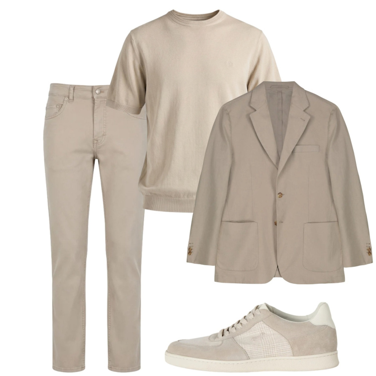 Outfit uomo - Beige a maggio. Stile Casual per Tutti i giorni. Abbinamento con sneakers, pantaloni, t-shirt, giacche.
