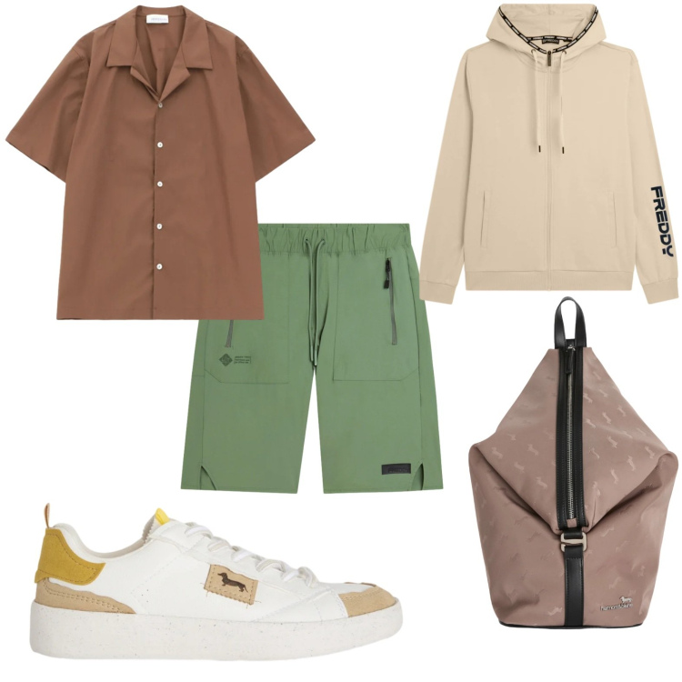 Outfit uomo - Soft sport. Stile Casual per Sport. Abbinamento con camicie a manica corta, sneakers, borse sportive, felpe con cappuccio, bermuda.