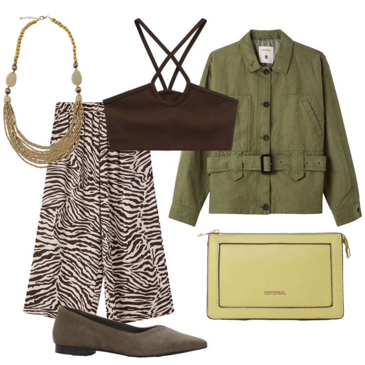 Outfit donna - Voglia di verde. Stile Trendy per Tutti i giorni. Abbinamento con ballerine, cappotti, pantaloni, borse a tracolla, top, collane.