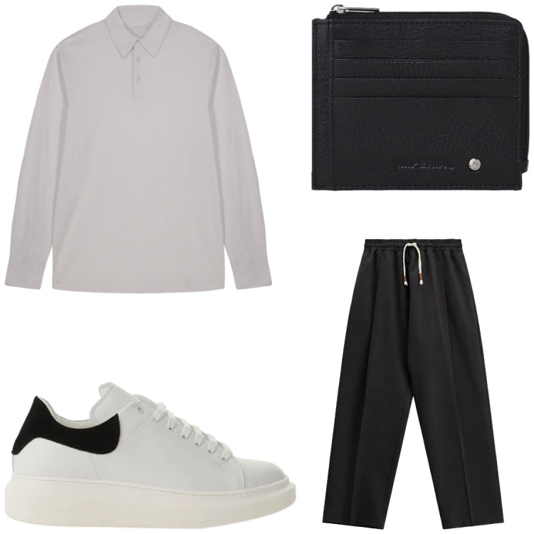 Outfit uomo - Un giorno normale. Stile Casual per Tutti i giorni. Abbinamento con sneakers, pantaloni, portafogli, polo.