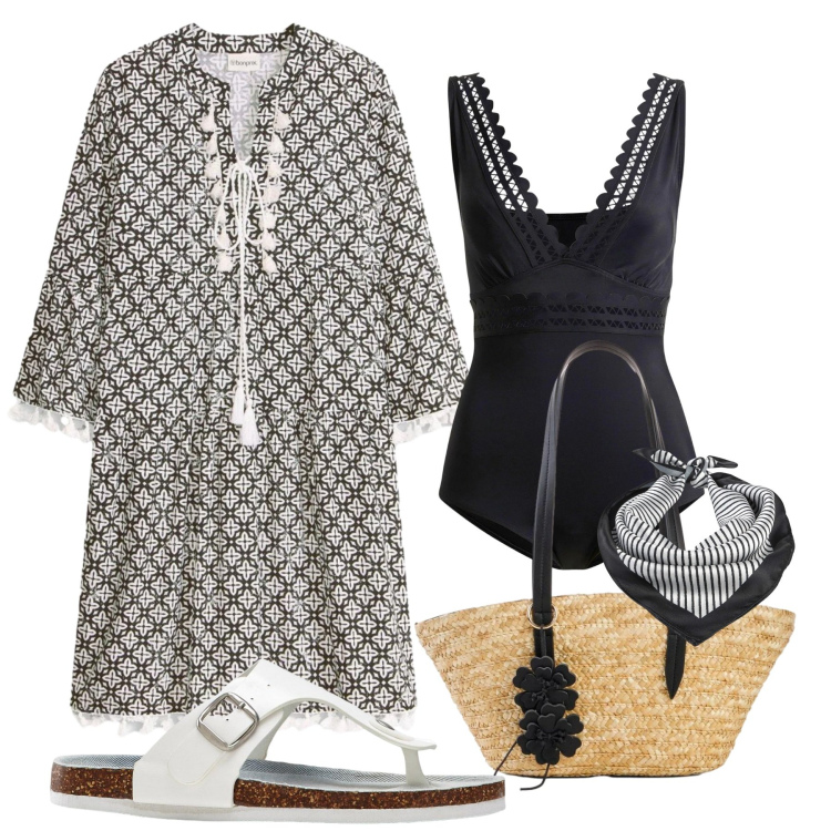 Outfit donna - Chic in spiaggia. Stile Etnico per Mare. Abbinamento con foulard, costumi interi, shopping bag, vestiti, infradito.