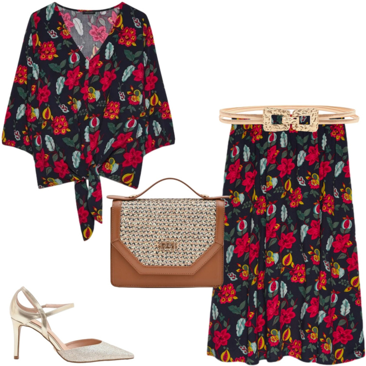 Outfit donna - Il completo. Stile Glamour per Serata fuori. Abbinamento con pochette, décolleté, cinture, gonne longuette, bluse.