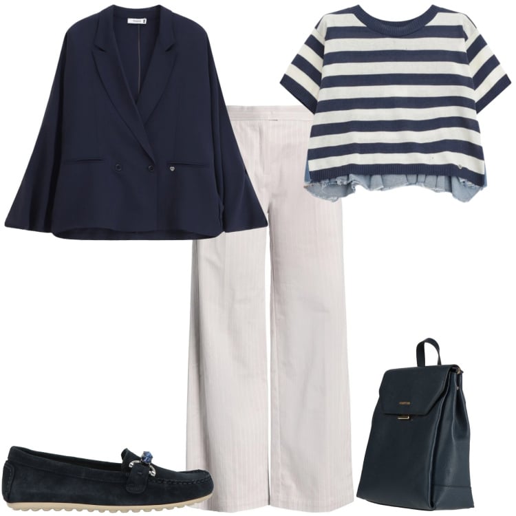Outfit donna - Casual chic ufficio tempo libero. Stile Casual chic per Tutti i giorni. Abbinamento con pantaloni, zaini, mocassini, t-shirt, blazer.