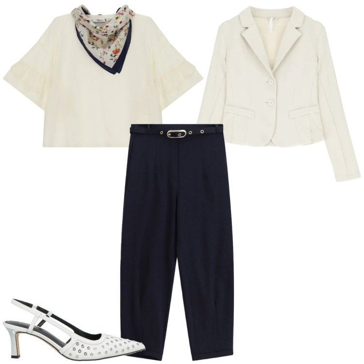 Outfit donna - Ufficio. Stile Chic per Ufficio. Abbinamento con décolleté, pantaloni, blazer, top.