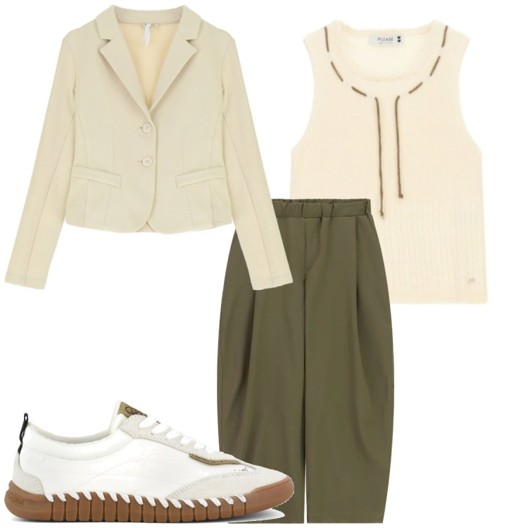 Outfit donna - Verde e beige. Stile Casual chic per Tutti i giorni. Abbinamento con blazer, pantaloni a palazzo, top, sneakers.