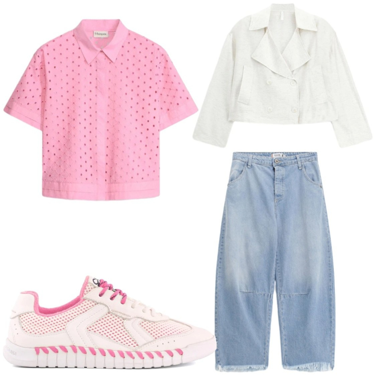 Outfit donna - In biblioteca a studiare. Stile Casual chic per Scuola/Università. Abbinamento con camicie a manica corta, blazer, jeans, sneakers.